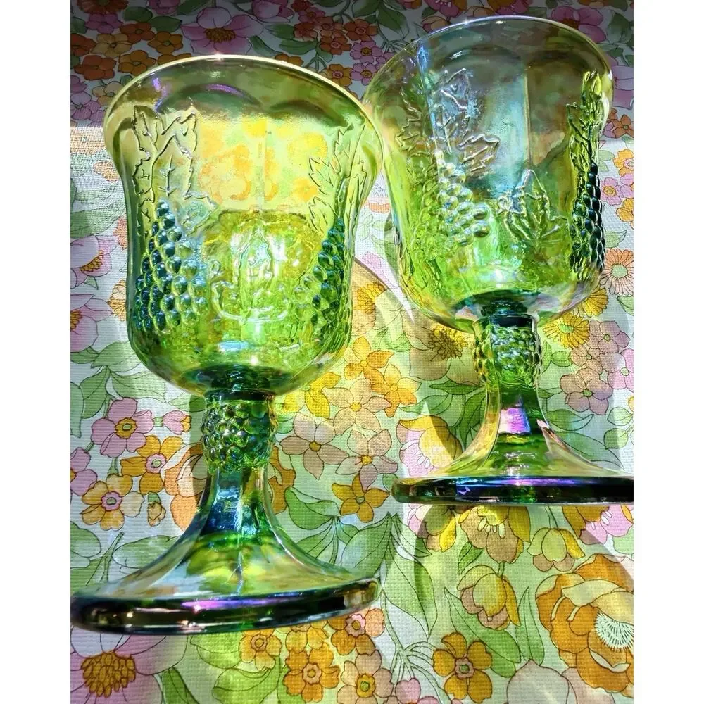 Vintage Indiana Glass Harvest Grape Lime Green Carnival Goblets 1970s Set of 2